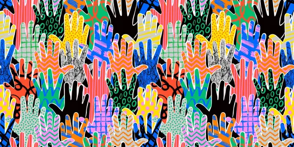 Colorful pattern of various handprints in different styles and colors, creating a vibrant and dynamic visual effect.