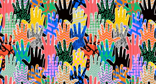 Colorful pattern of various handprints in different styles and colors, creating a vibrant and dynamic visual effect.