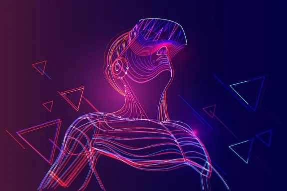 A stylized outline of a person wearing a VR headset, surrounded by colorful geometric shapes and glowing lines.