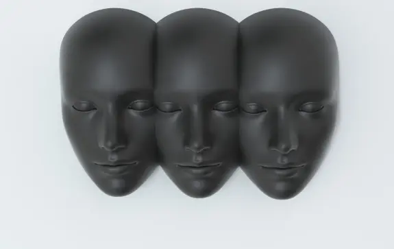 Three identical black mannequin faces arranged side by side, each with closed eyes and neutral expressions.