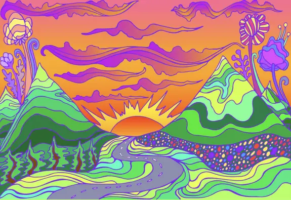 Vibrant landscape with rolling hills, a winding road, and a colorful sunset surrounded by whimsical flowers.