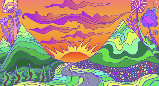 Vibrant landscape with rolling hills, a winding road, and a colorful sunset surrounded by whimsical flowers.