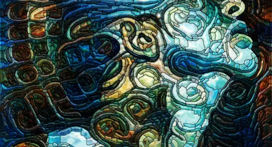 Abstract mosaic artwork featuring swirling patterns and vibrant colors, depicting a stylized human face in profile.