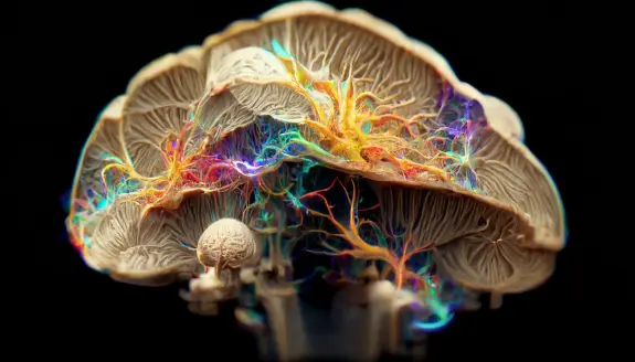 A detailed, colorful rendering of a brain with vibrant neural connections and glowing pathways against a black background.