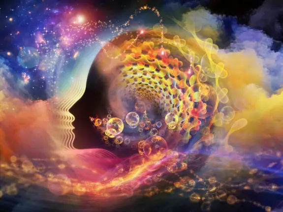 Colorful abstract swirls and bubbles form a human profile, set against a cosmic background of stars and vibrant hues.