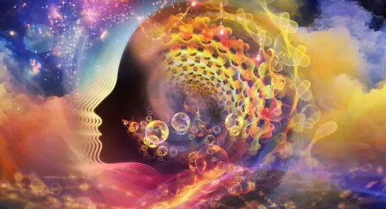 Colorful abstract swirls and bubbles form a human profile, set against a cosmic background of stars and vibrant hues.