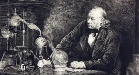 Elderly scientist in a lab, intently observing glassware with bubbling liquids and steam, surrounded by various instruments.