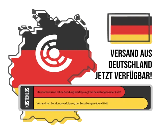 Map of Germany featuring the national flag colors, with promotional text about free shipping on orders over €50 and €100.