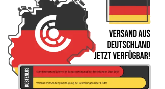 Map of Germany featuring the national flag colors, with promotional text about free shipping on orders over €50 and €100.