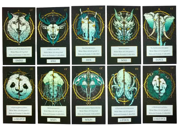 Nine illustrated cards featuring animal skulls and symbols, each labeled with chemical names and molecular formulas.