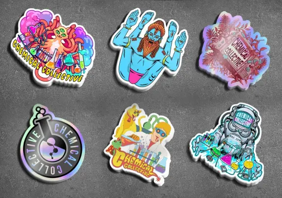 Colorful stickers featuring whimsical characters, laboratory themes, and vibrant designs representing "Chemical Collective.