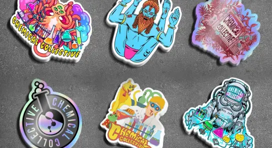 Colorful stickers featuring whimsical characters, laboratory themes, and vibrant designs representing "Chemical Collective.