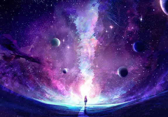 A figure stands on a cosmic landscape, gazing at a vibrant galaxy swirling with stars and planets.