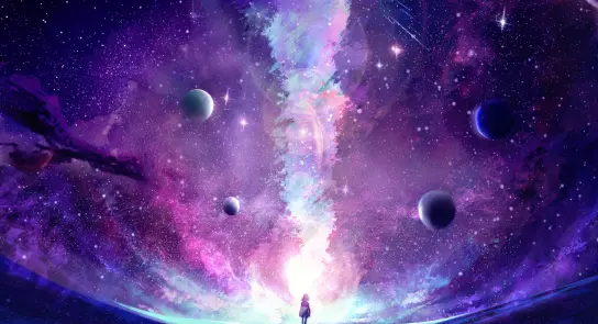 A figure stands on a cosmic landscape, gazing at a vibrant galaxy swirling with stars and planets.