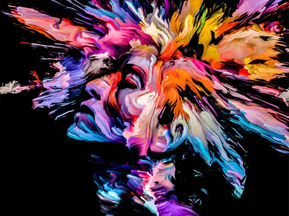 A vibrant, abstract portrait with swirling colors emanating from a serene face, creating a dynamic, expressive effect.