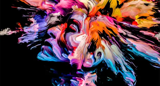 A vibrant, abstract portrait with swirling colors emanating from a serene face, creating a dynamic, expressive effect.