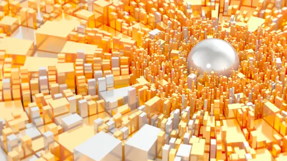 A cluster of orange and white cubes radiates around a shiny silver sphere at the center.