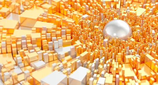 A cluster of orange and white cubes radiates around a shiny silver sphere at the center.
