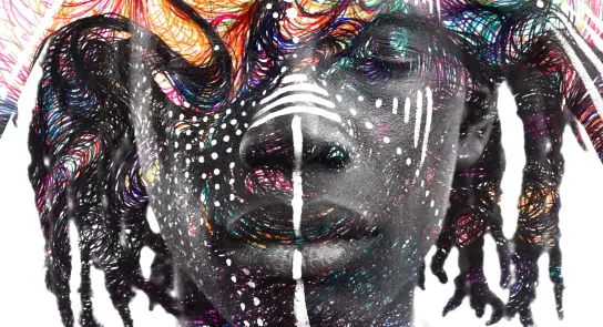 A portrait blending a person's face with vibrant, swirling colors and intricate patterns, creating a surreal effect.