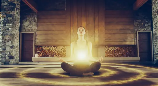 Woman meditating in a serene space, surrounded by a glowing light, with stone walls and wooden accents.