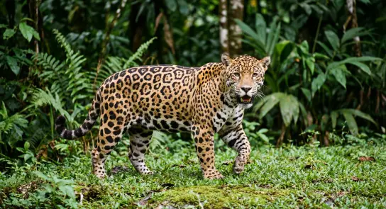 A jaguar with a distinctive spotted coat walks through lush green foliage in a tropical rainforest.