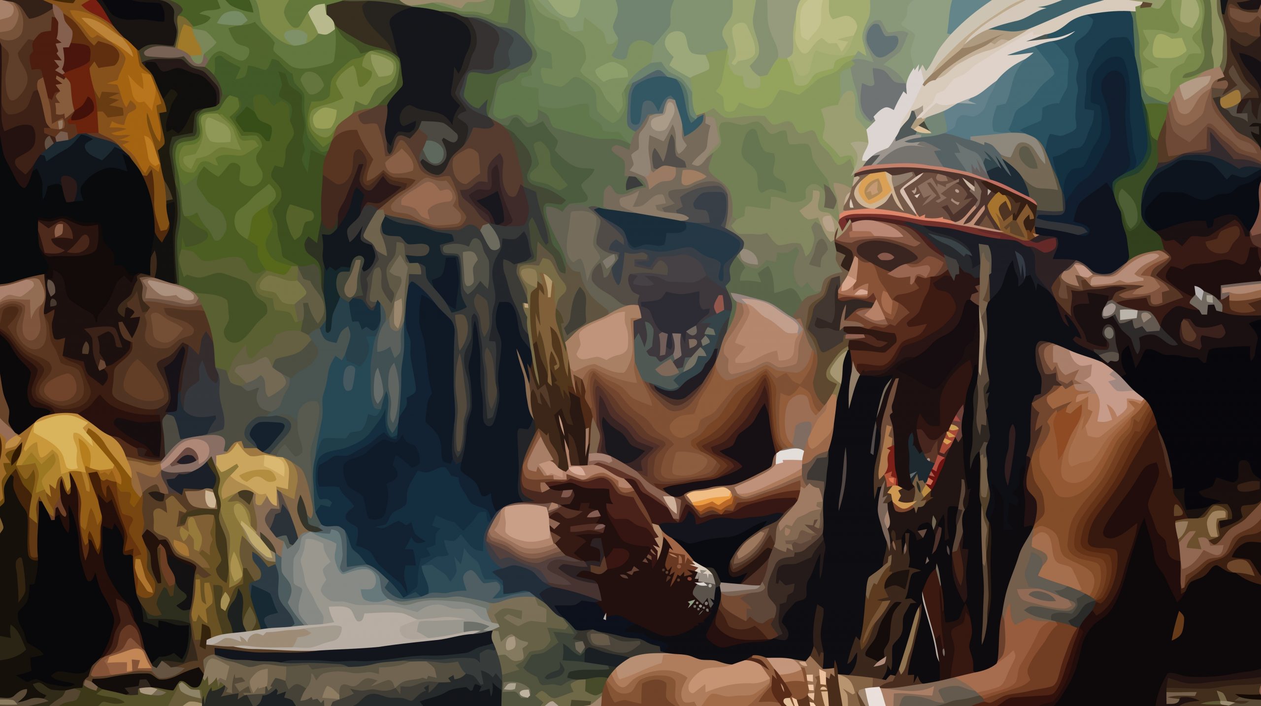 Indigenous leader in traditional attire, holding herbs, surrounded by community members in a lush, green forest setting.