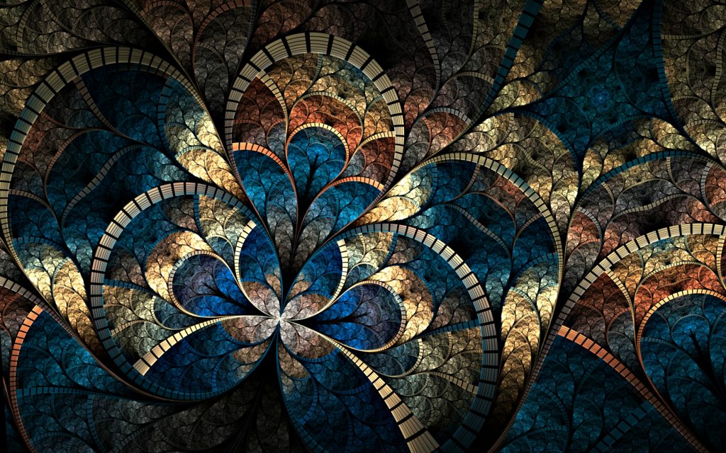 Intricate fractal design featuring swirling patterns in rich blues, golds, and browns against a dark background.