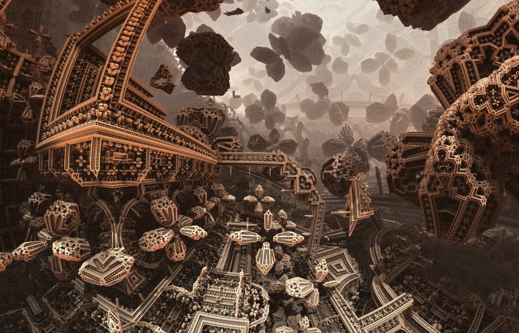 Intricate fractal landscape with complex structures, floating forms, and a surreal, dreamlike atmosphere.