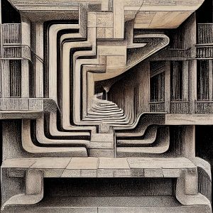 Intricate geometric design with layered, winding structures creating a surreal, three-dimensional effect.