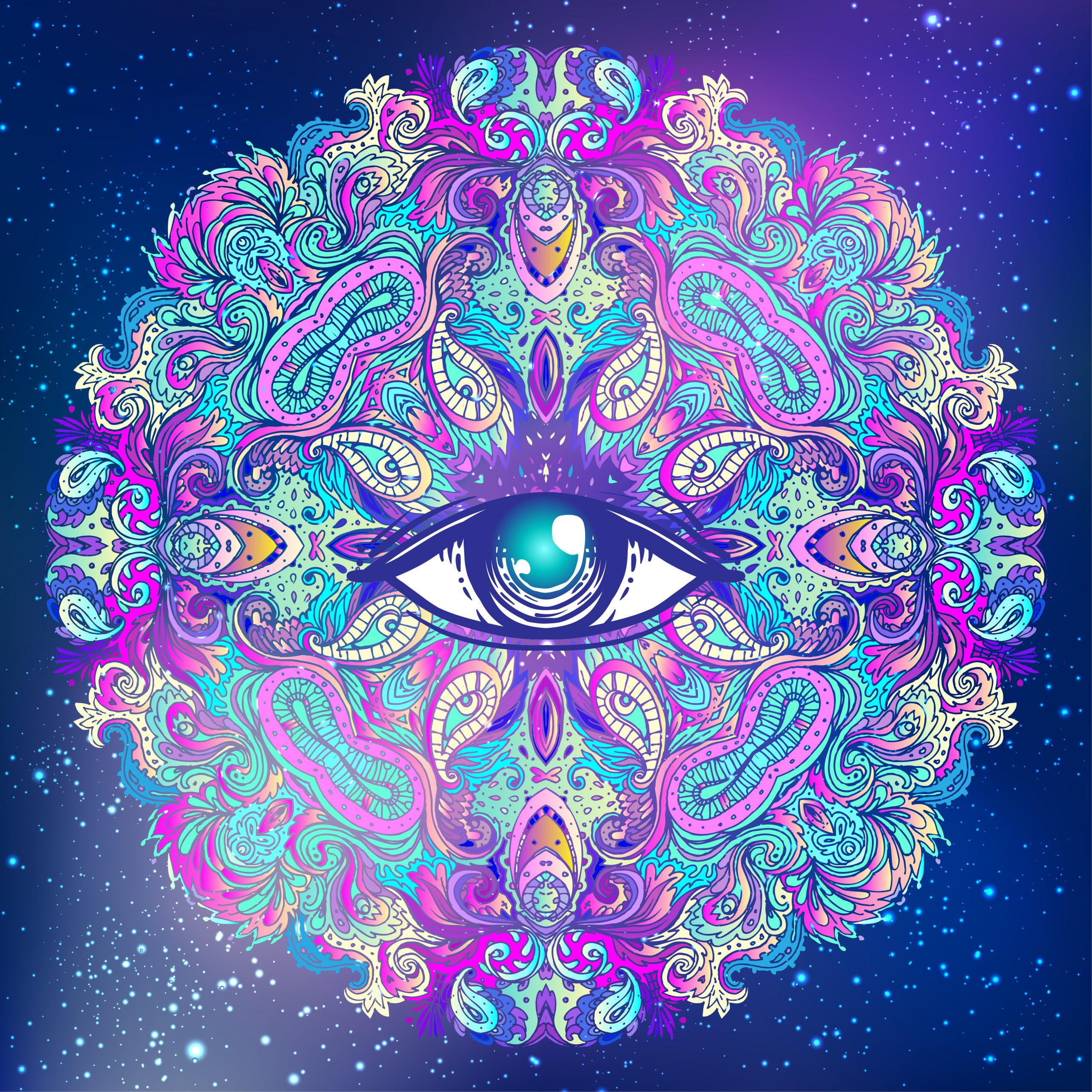 Intricate mandala design featuring a central eye, surrounded by vibrant colors and cosmic elements.