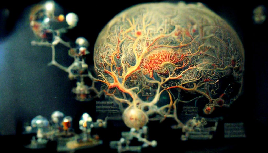 Intricate neural network illustration with branching structures and glowing red accents against a dark background.