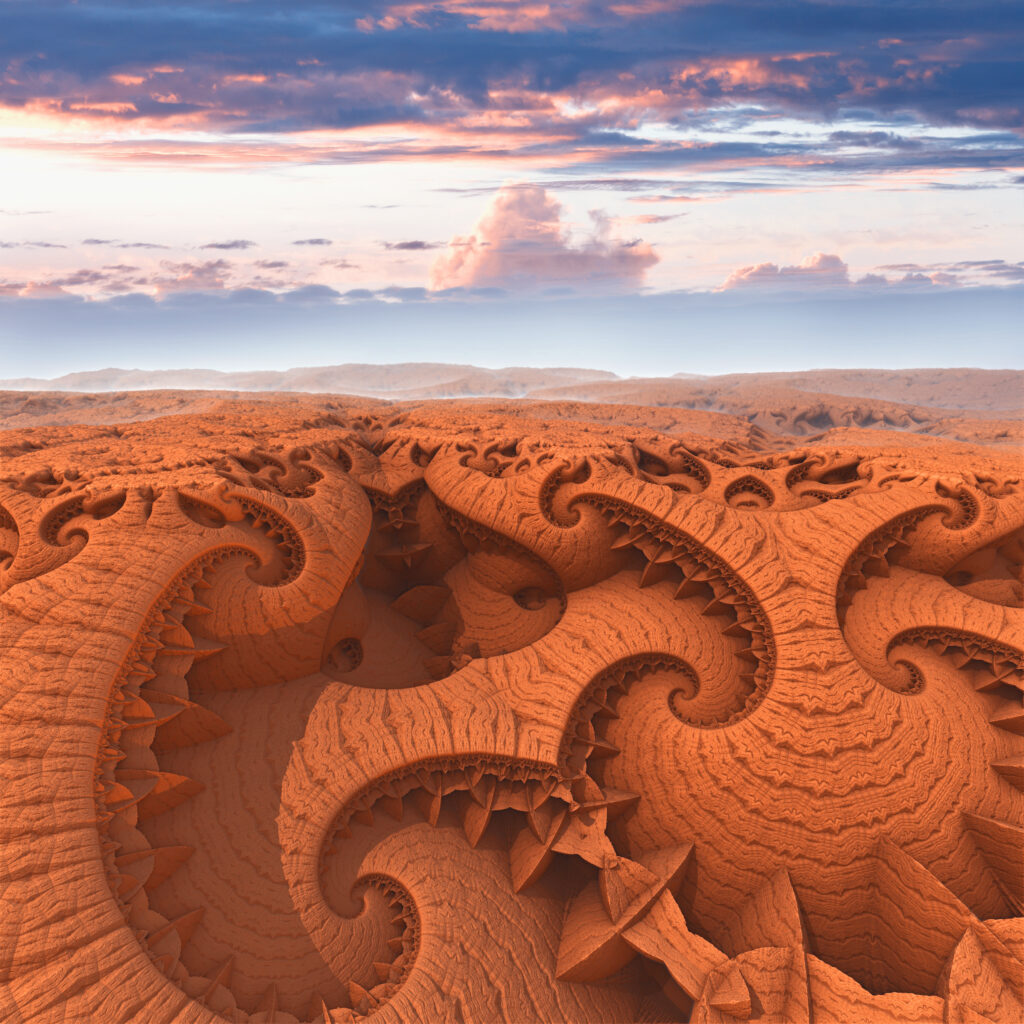 Intricate, swirling patterns of red-orange sand dunes under a dramatic sky at sunset.