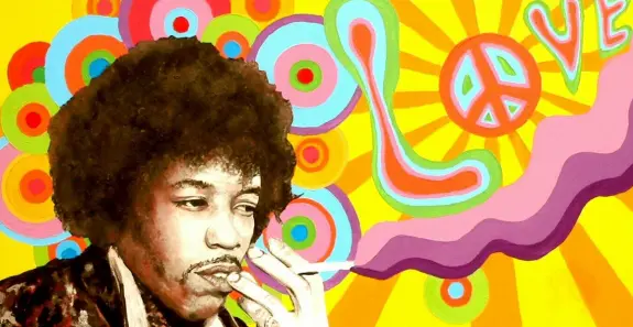 Jimi Hendrix with an afro, smoking a cigarette, set against a vibrant, psychedelic background with "LOVE" and peace symbols.