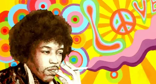 Jimi Hendrix with an afro, smoking a cigarette, set against a vibrant, psychedelic background with "LOVE" and peace symbols.