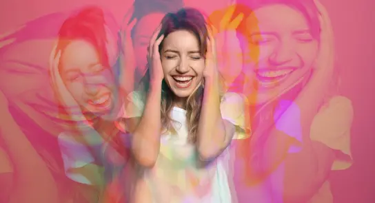 A joyful woman covers her ears, smiling, with a vibrant pink background and multiple overlapping images of her expression.
