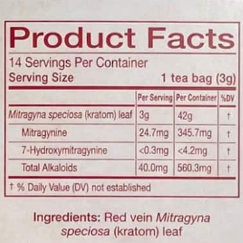 Kratom product label detailing serving size, ingredients, and alkaloid content.