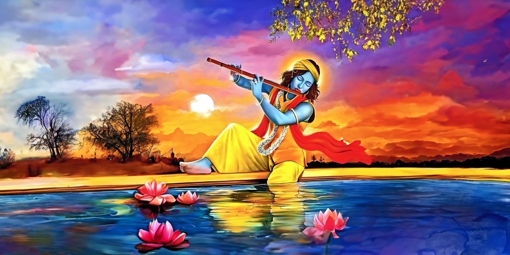 Krishna playing the flute by a serene lake, surrounded by blooming lotuses and a vibrant sunset sky.