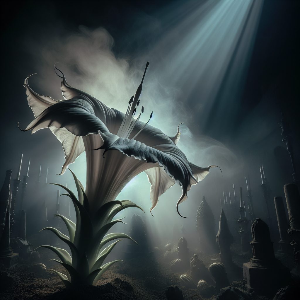 A large, ethereal white flower rises amidst a misty graveyard, illuminated by soft beams of light and surrounded by tombst...