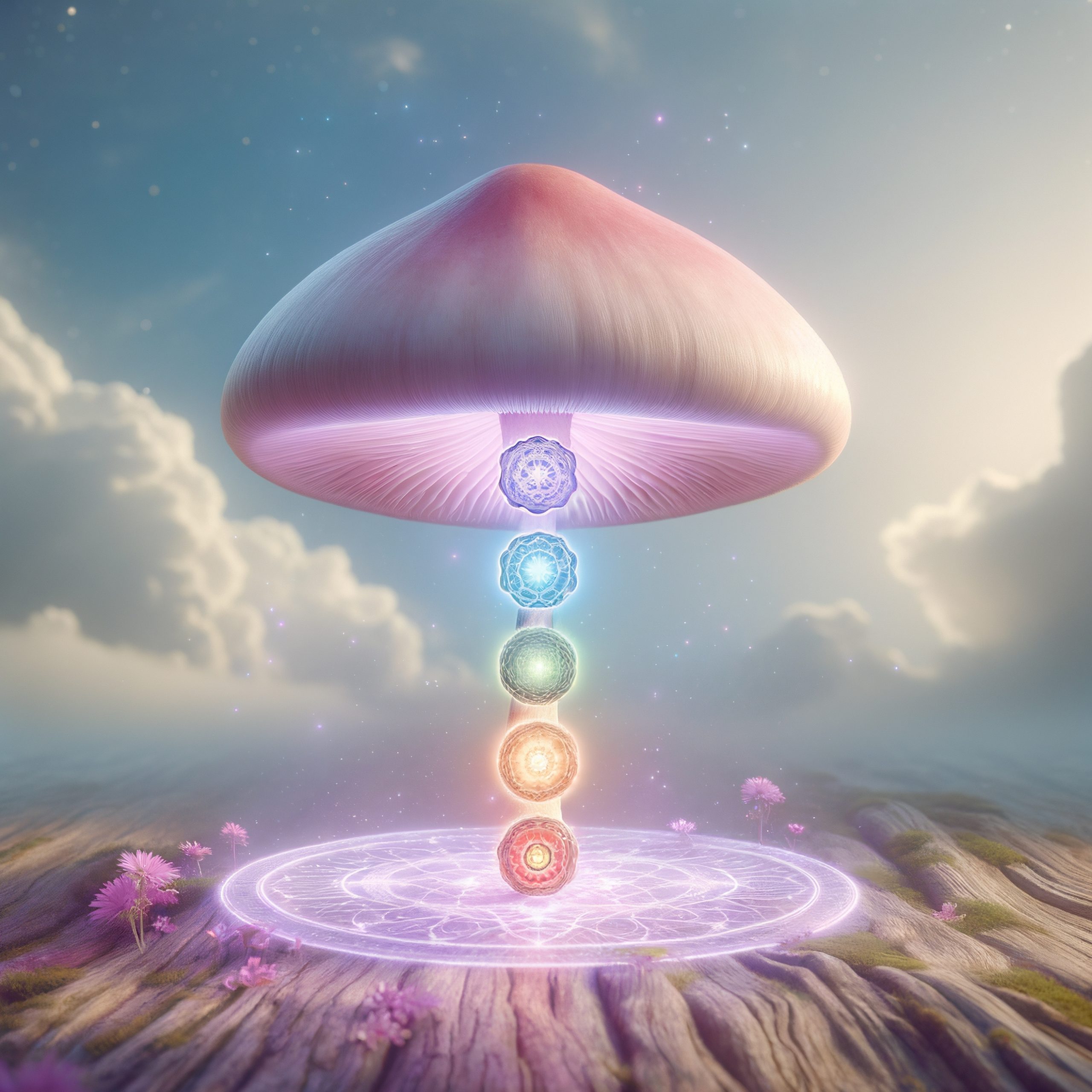 A large, pastel-colored mushroom hovers above glowing chakra symbols, surrounded by soft clouds and ethereal light.