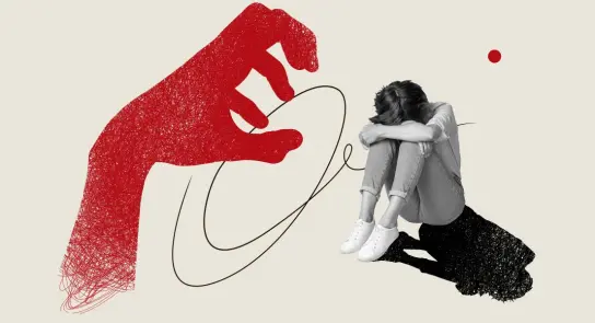 A large red hand reaches toward a person sitting on the ground, who appears distressed and curled up in a shadow.