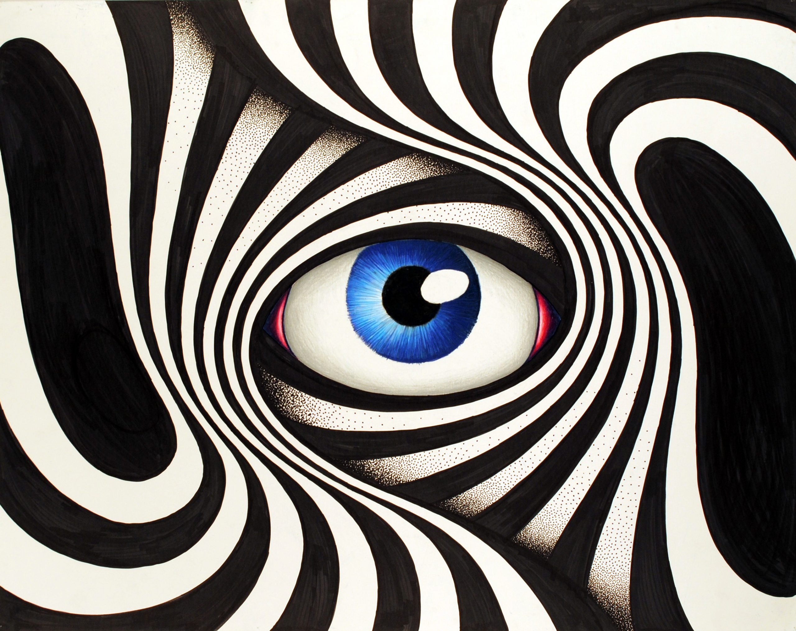 A large, vibrant blue eye surrounded by swirling black and white patterns, creating a hypnotic effect.
