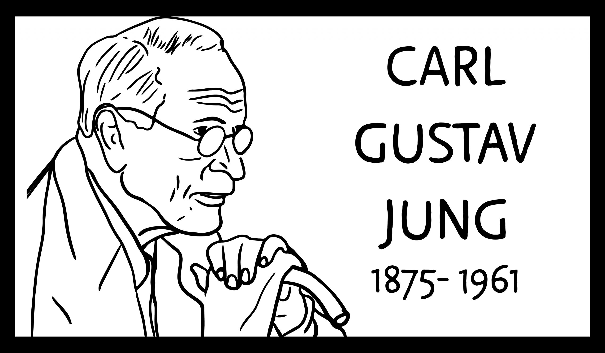 Line art portrait of Carl Gustav Jung, featuring glasses and a thoughtful expression, with his name and years of birth and...