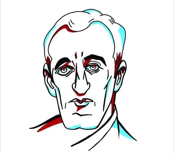 Line art portrait of a man with a serious expression, featuring bold outlines and a minimal color palette.