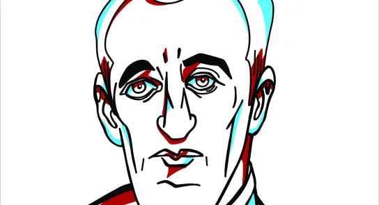 Line art portrait of a man with a serious expression, featuring bold outlines and a minimal color palette.