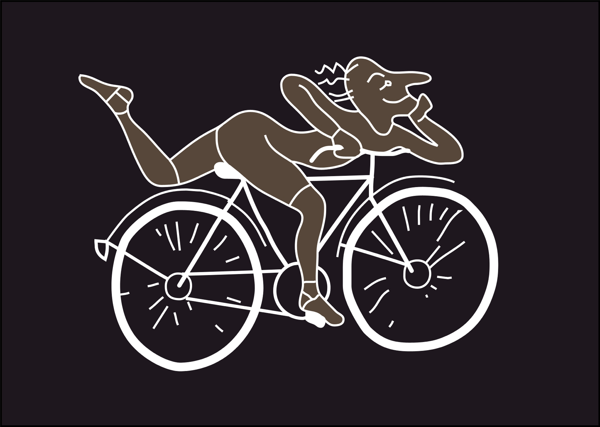 Line drawing of a person lounging on a bicycle, one leg extended, with a playful expression against a dark background.