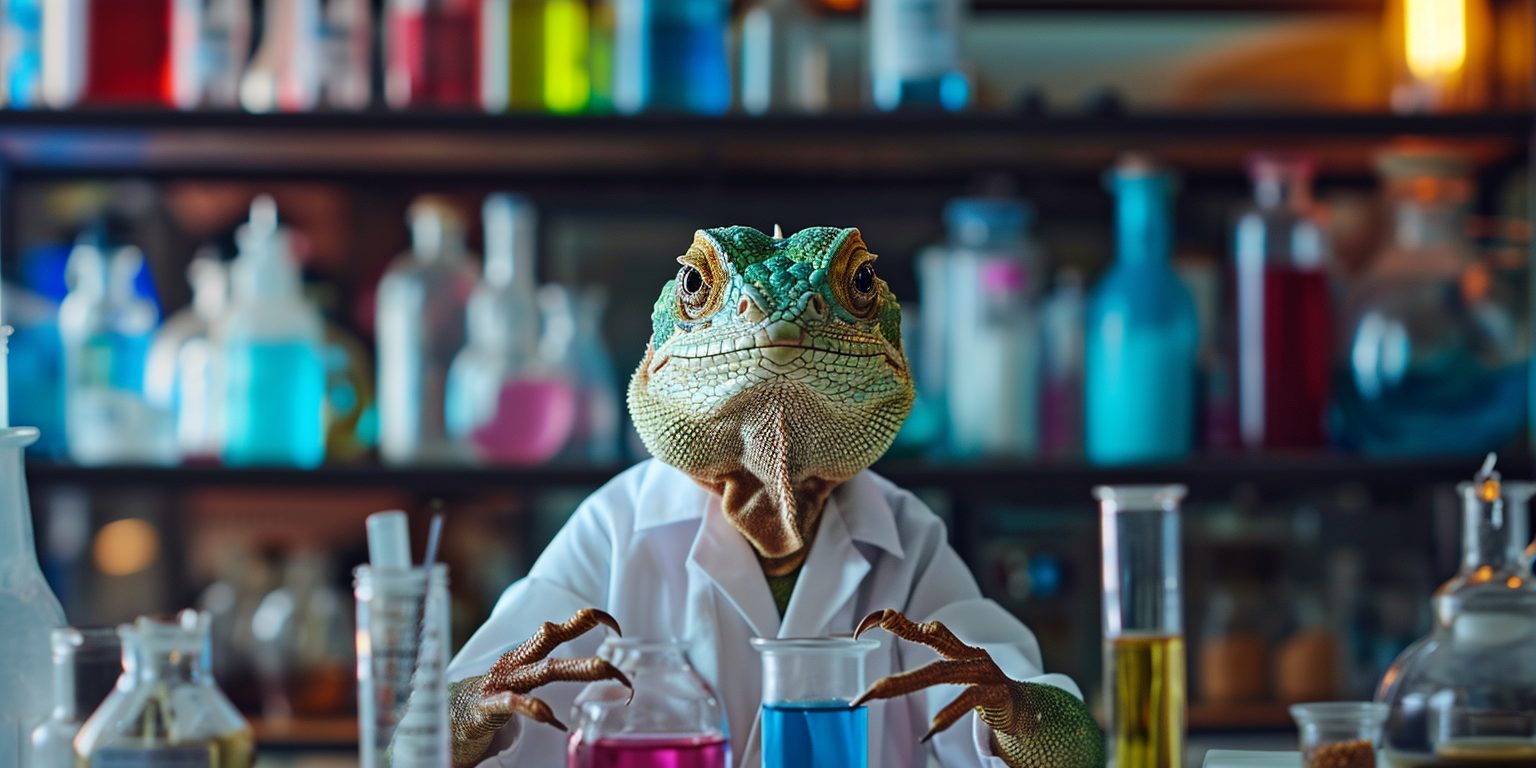 A lizard in a lab coat mixes colorful liquids in beakers, surrounded by various glassware and vibrant chemical solutions.
