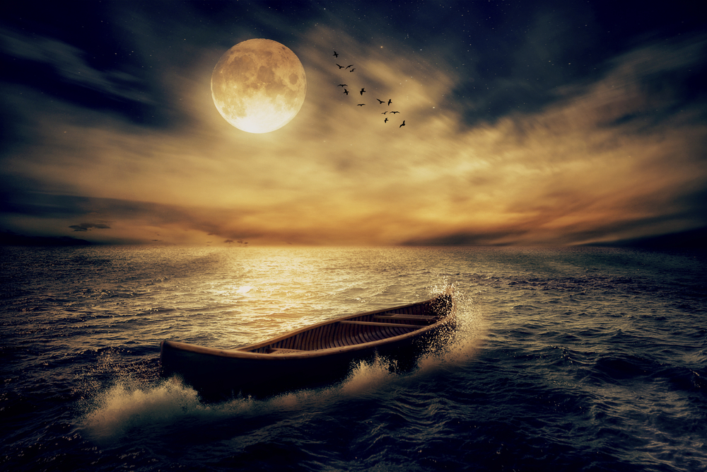 A lone boat glides through shimmering water under a bright full moon, with birds flying across a dramatic twilight sky.