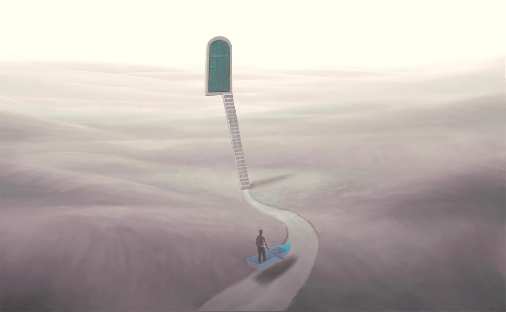 A lone figure stands on a path, gazing at a green door atop a tall staircase in a surreal, foggy landscape.