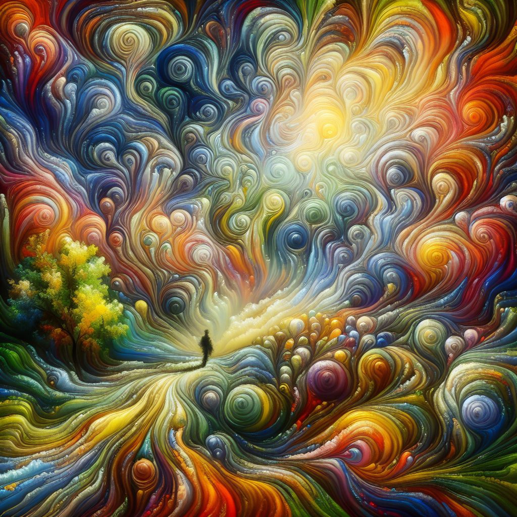 A lone figure stands on a winding path, surrounded by vibrant, swirling colors and abstract patterns resembling a cosmic l...