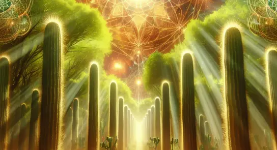 Lush landscape of towering cacti under a radiant, cosmic sky with beams of light filtering through vibrant foliage.